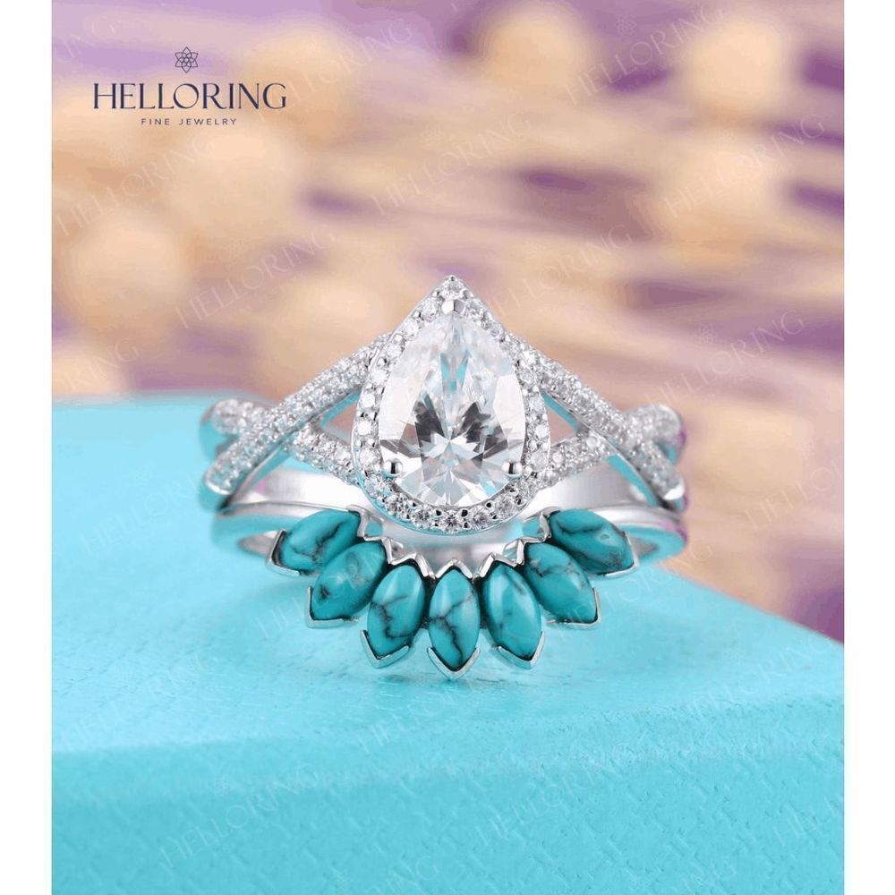 DIAMOND PEAR MOISSANITE TWISTED  WEDDING ENGAGEMENT RING/GUARD